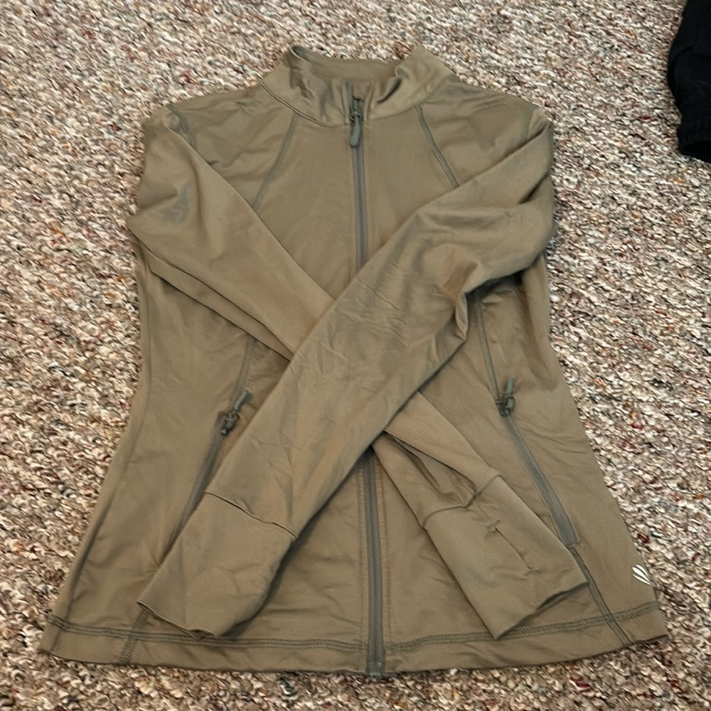 Green full zip form fitting sweatshirt.